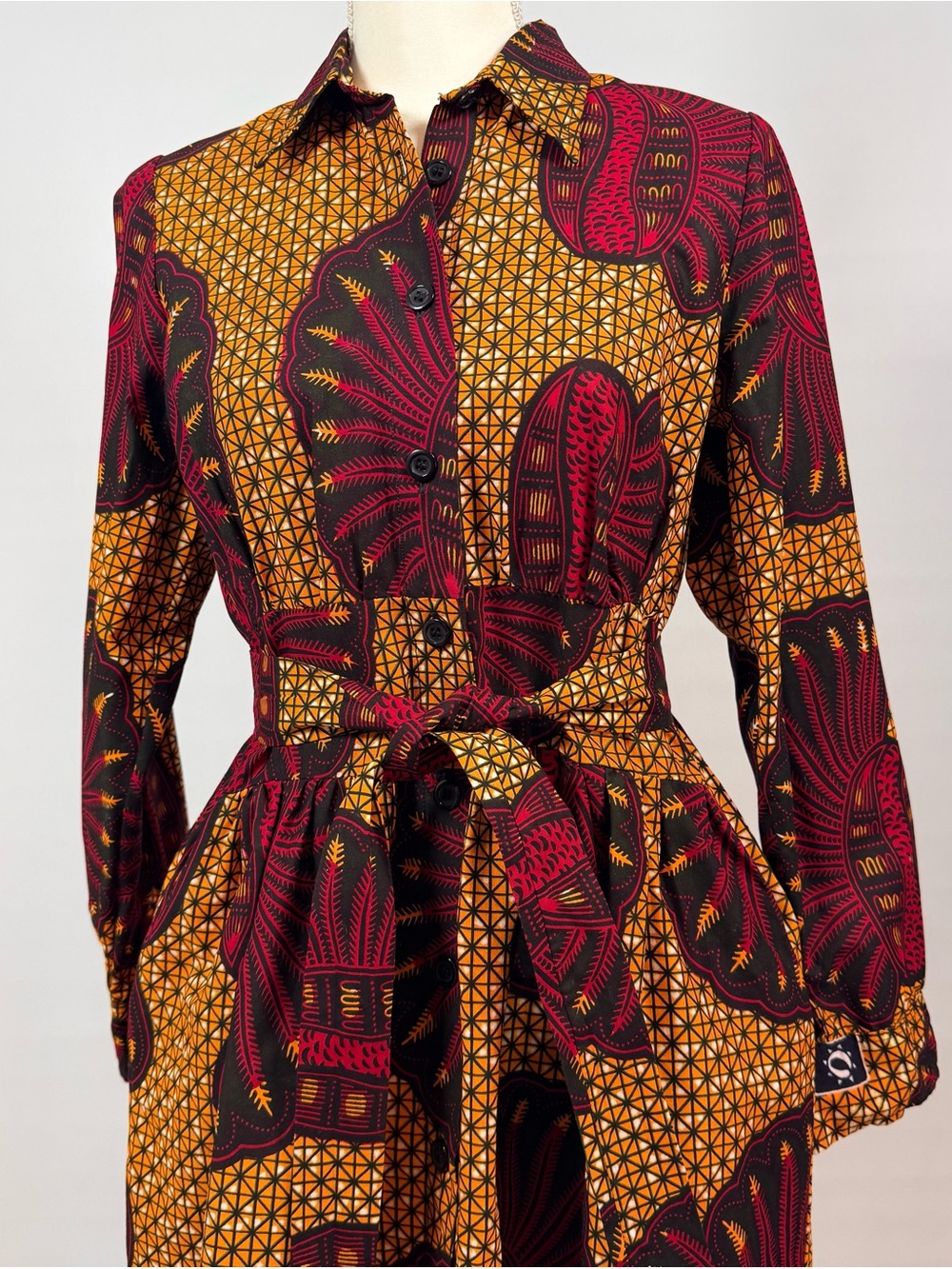 Grass-Fields Ankara African Belted Shirt Dress Long Sleeve Pockets Boho Size 10 - Picture 4 of 14